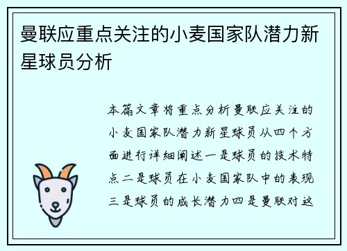 曼联应重点关注的小麦国家队潜力新星球员分析
