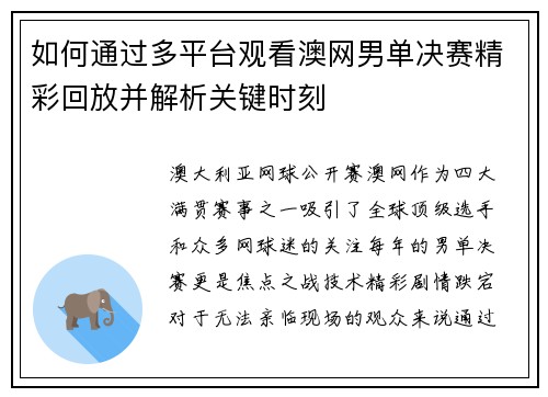 如何通过多平台观看澳网男单决赛精彩回放并解析关键时刻